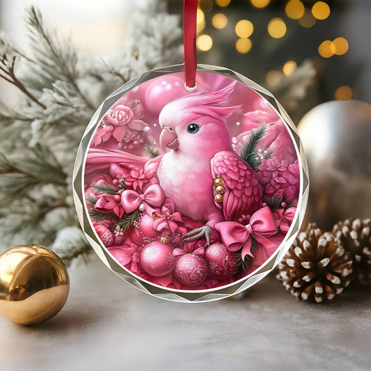 Parrot Pink Christmas Design 3 Glass Ornament