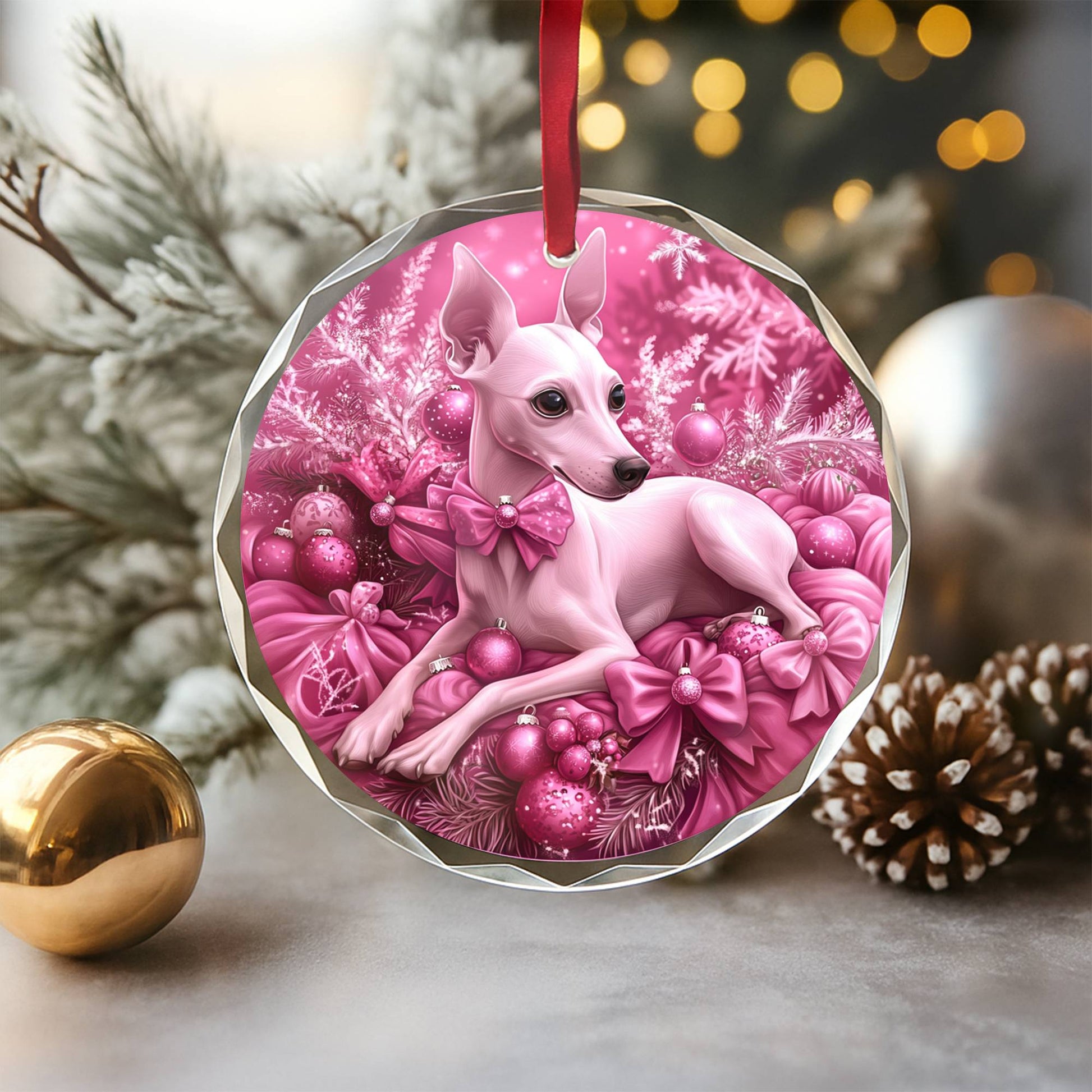 Whippet Dog Pink Christmas Design 2 Glass Ornament