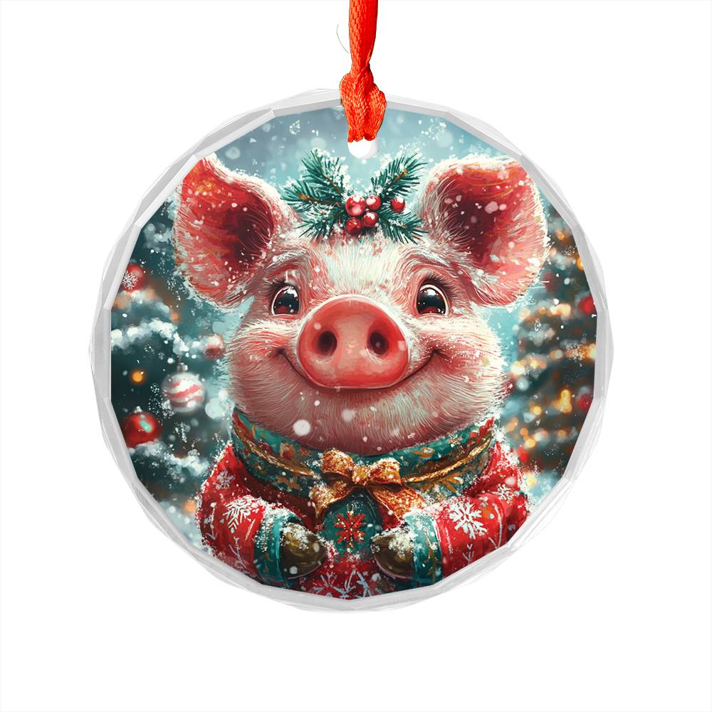 Beautiful Pig Christmas Night Design 4 Glass Ornament