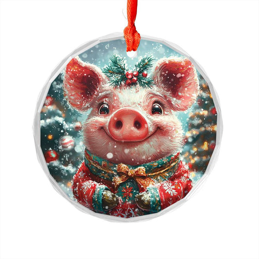 Beautiful Pig Christmas Night Design 4 Glass Ornament