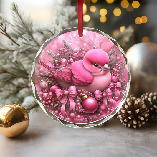Finch Pink Christmas Design 1 Glass Ornament