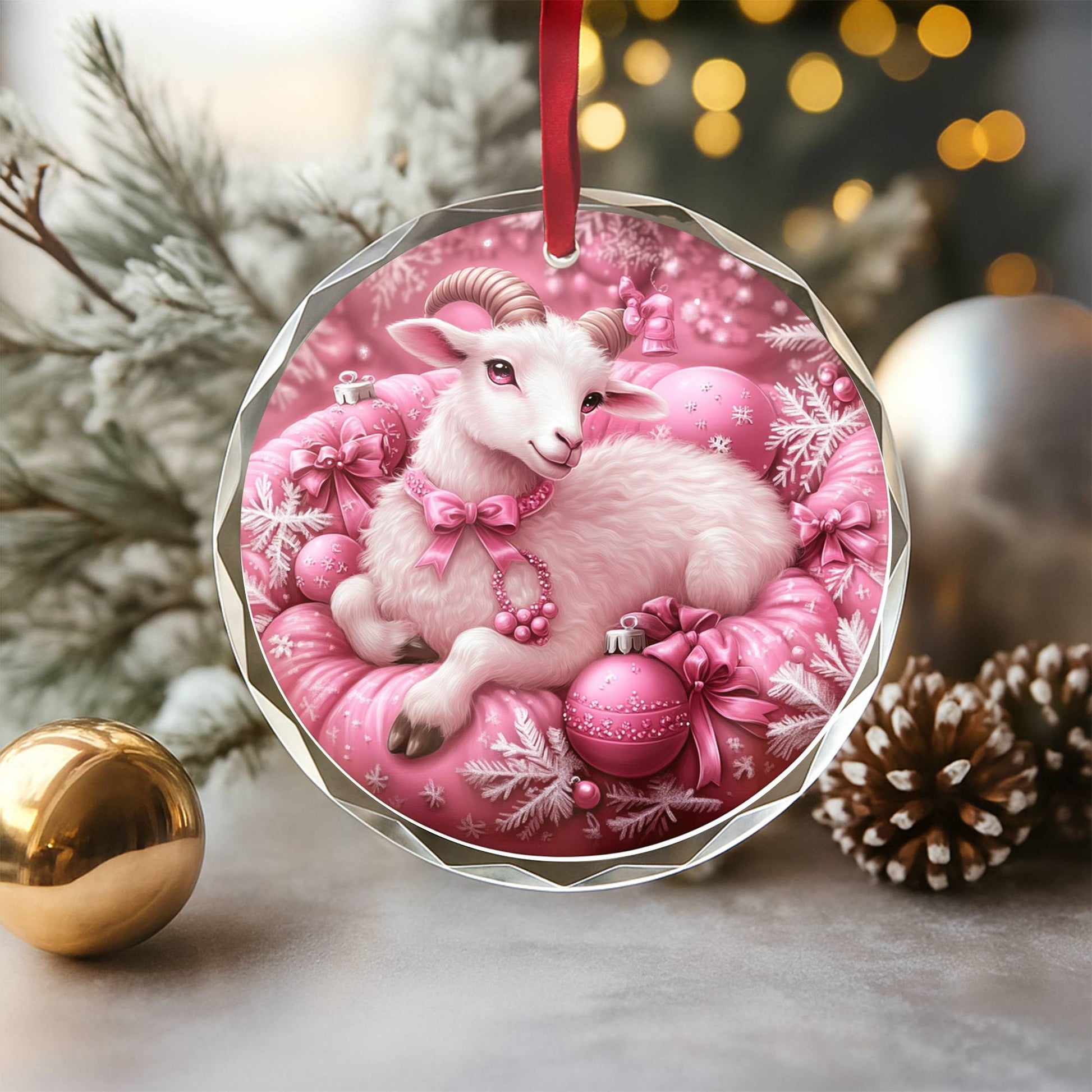 Sheep Pink Christmas Design 2 Glass Ornament