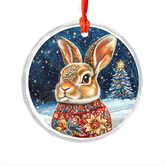 Beautiful Rabbit Christmas Night Design 4 Glass Ornament