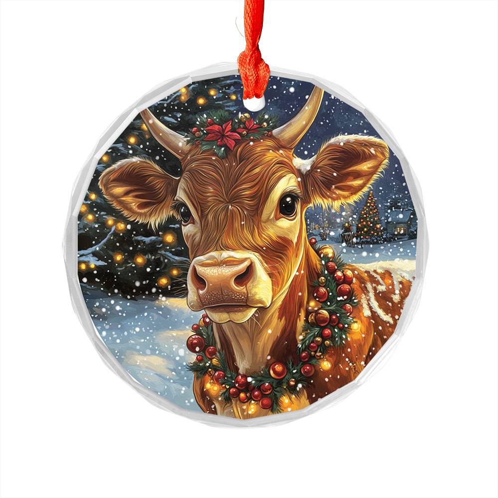 Beautiful Jersey Cow Christmas Night Design 4 Glass Ornament