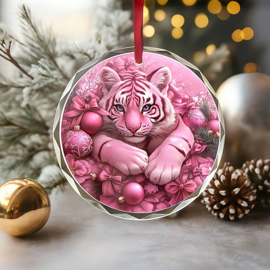 Tiger Pink Christmas Design 3 Glass Ornament
