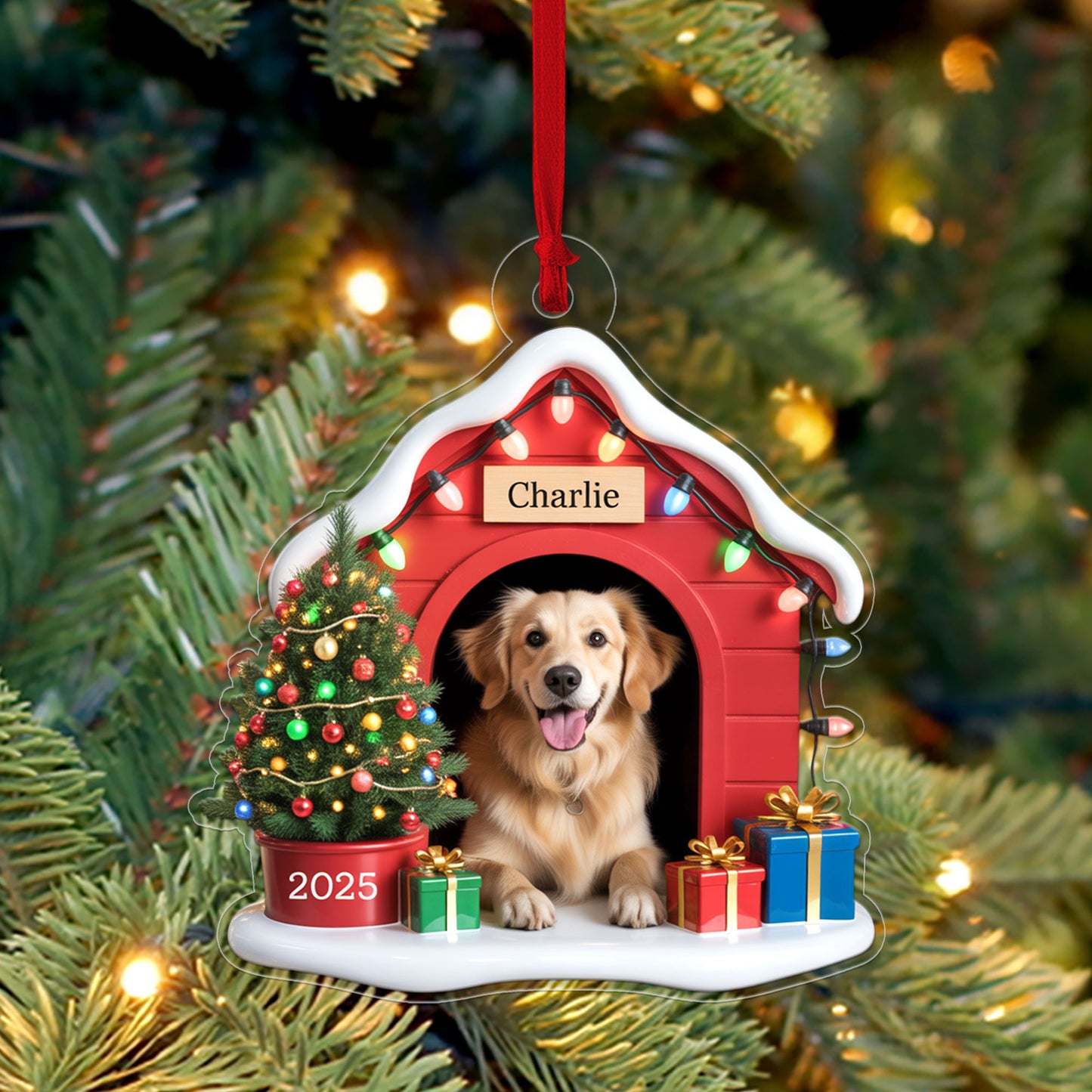 Custom Photo Pet Ornament With Christmas Lights & Gifts, Personalized Gift for Dog Lovers, Holiday Pet Decor