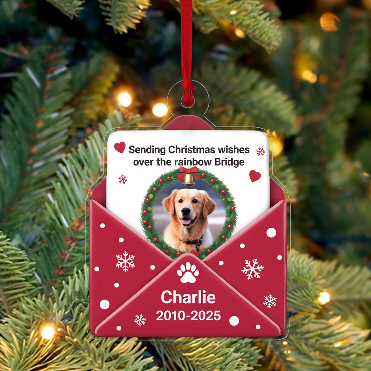 Custom Photo Pet Sending Christmas Wishes Over The Rainbow Bridge Ornament, Personalized Pet Memorial, Gift For Pet Lover
