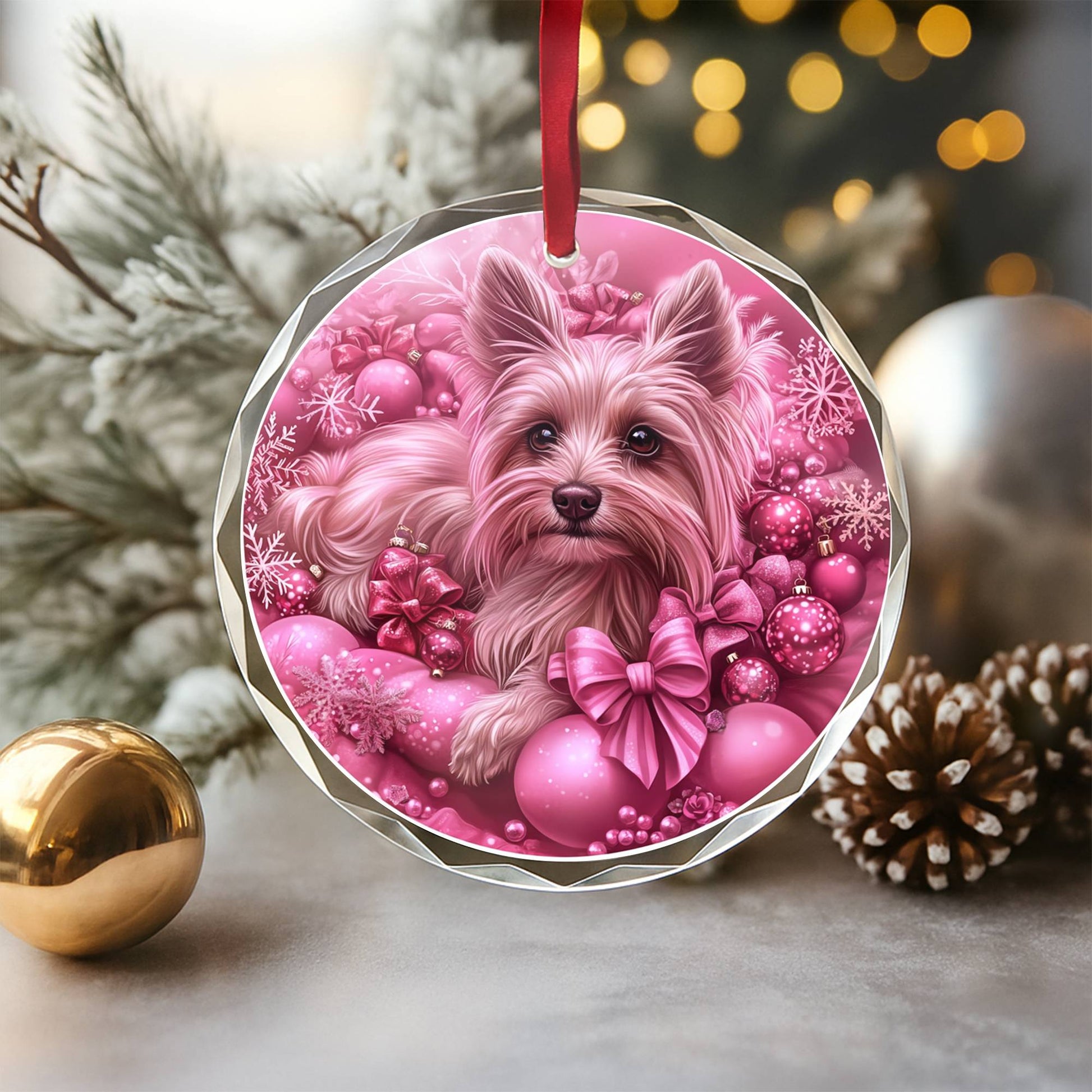 Yorkshire Terrier Dog Pink Christmas Design 2 Glass Ornament