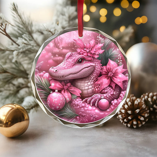 Alligator Pink Christmas Design 2 Glass Ornament