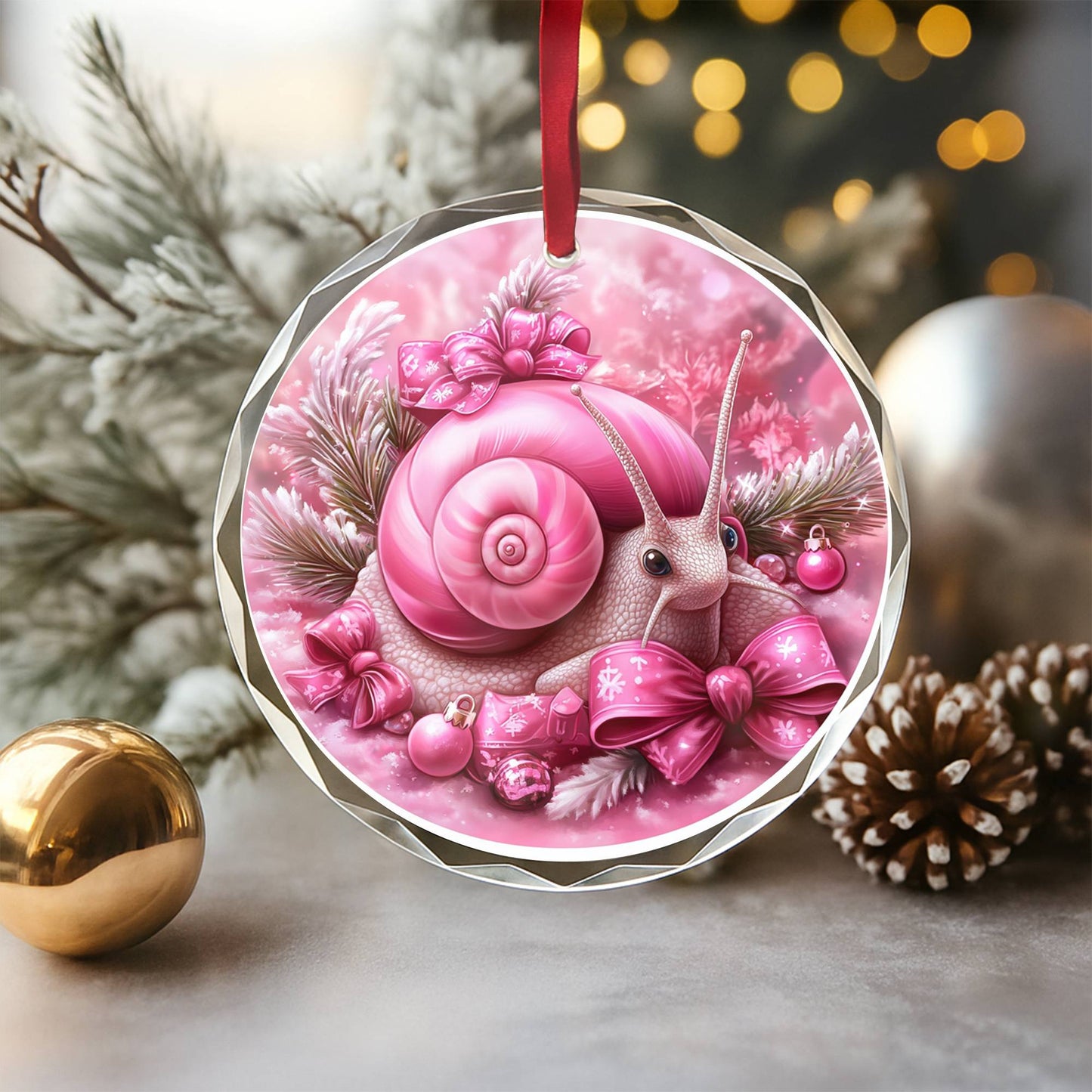 Snail Pink Christmas Design 1 Glass Ornament