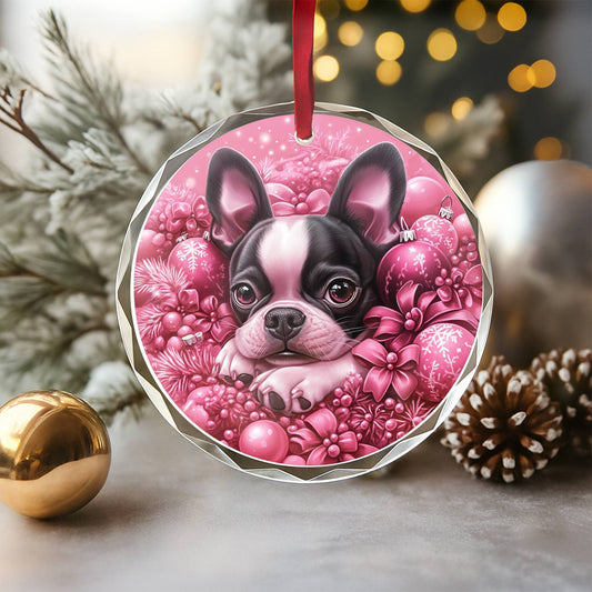 Boston Terrier Dog Pink Christmas Design 4 Glass Ornament
