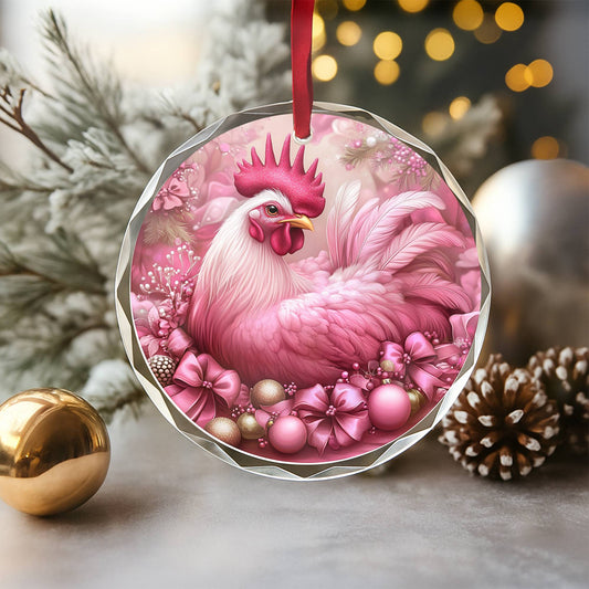 Rooster Pink Christmas Design 4 Glass Ornament