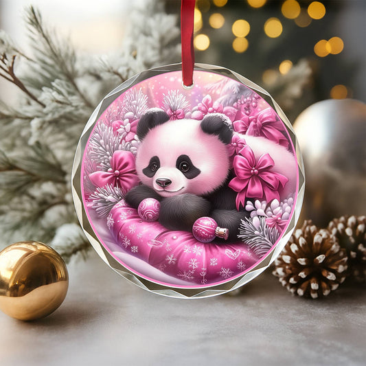 Panda Pink Christmas Design 4 Glass Ornament