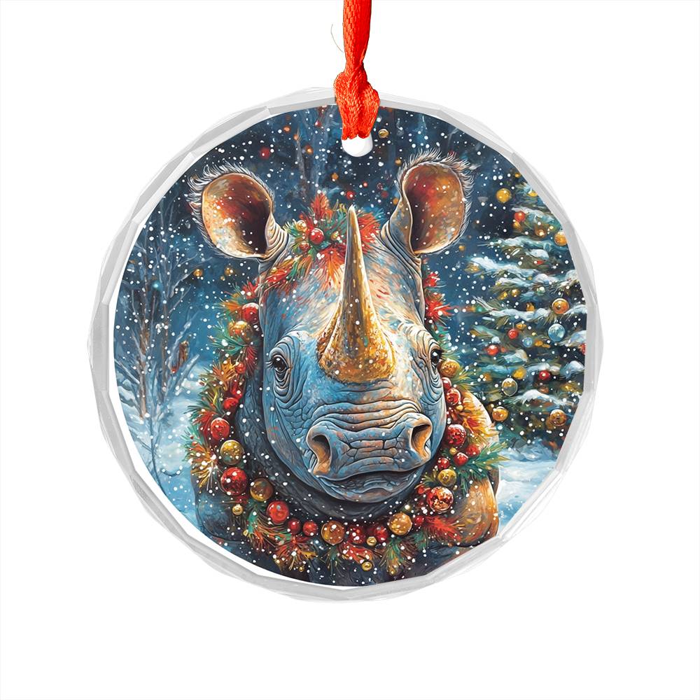 Beautiful Rhino Christmas Night Design 4 Glass Ornament
