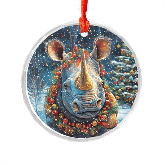 Beautiful Rhino Christmas Night Design 4 Glass Ornament