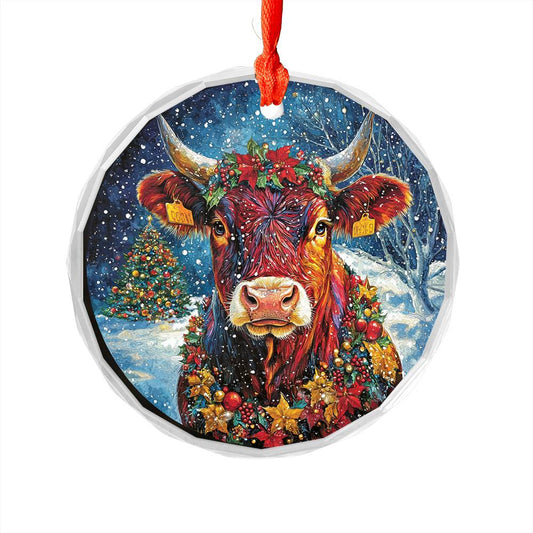 Beautiful Angus Cow Christmas Night Design 1 Glass Ornament