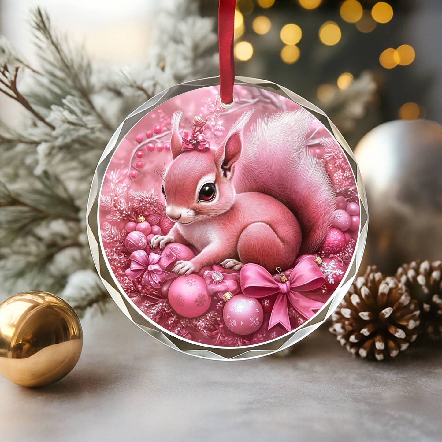 Squirrel Pink Christmas Design 3 Glass Ornament