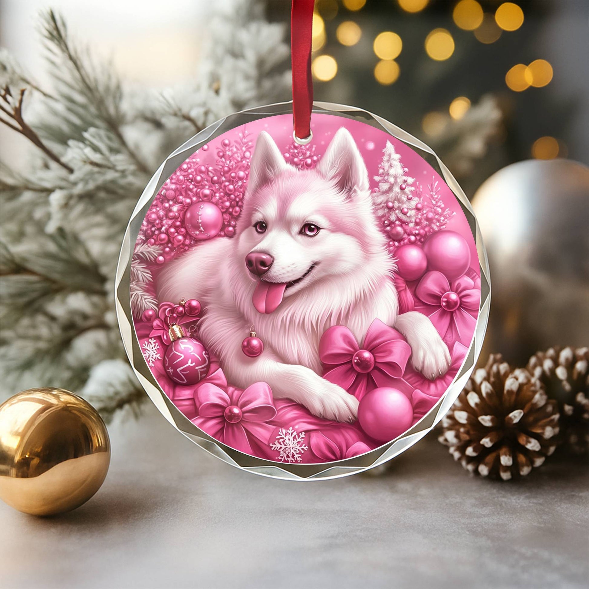 Siberian Huskie Dog Pink Christmas Design 3 Glass Ornament