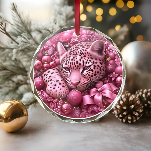 Leopard Pink Christmas Design 4 Glass Ornament