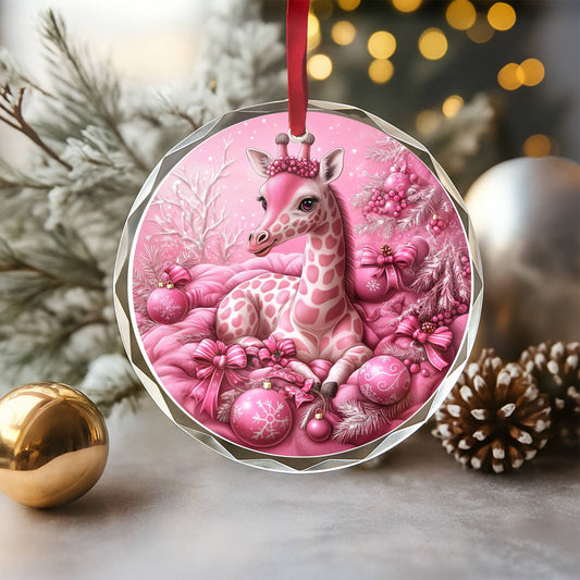 Giraffe Pink Christmas Design 2 Glass Ornament