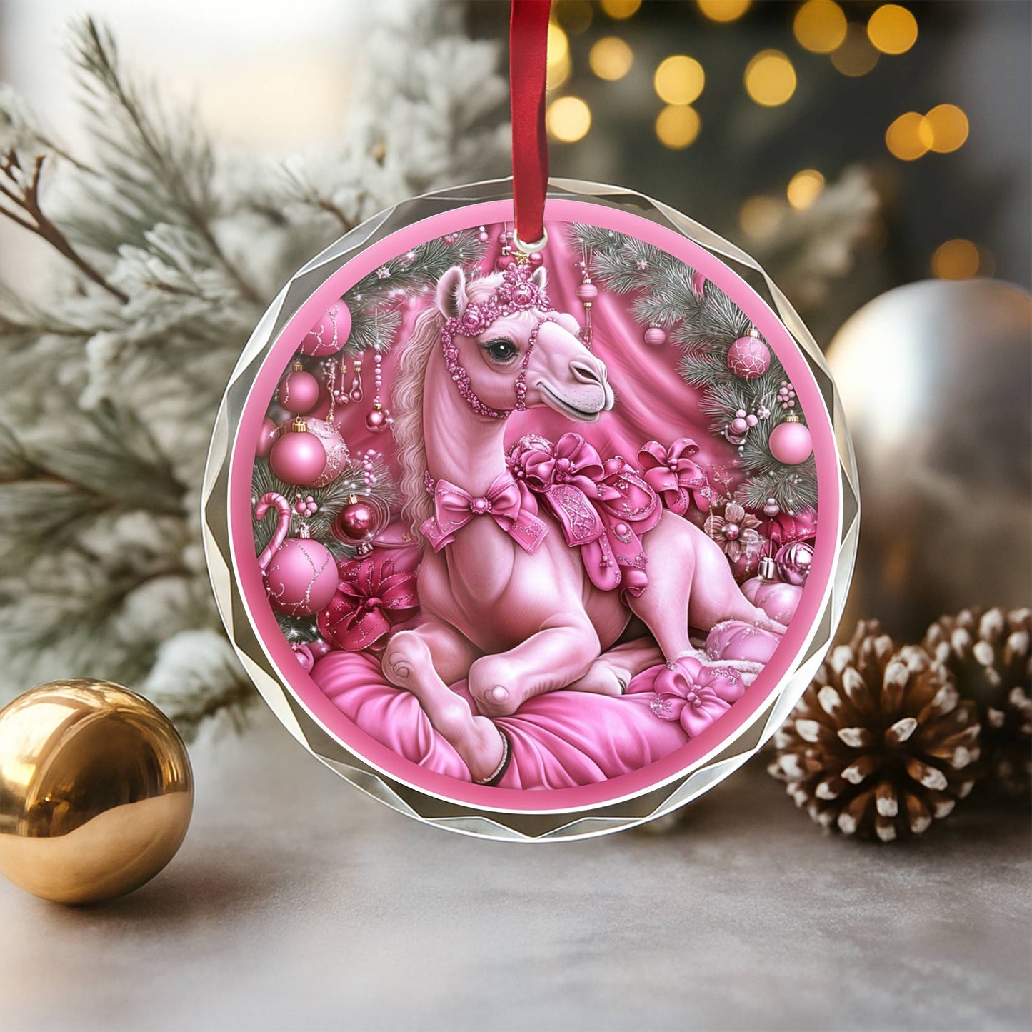 Camel Pink Christmas Design 1 Glass Ornament