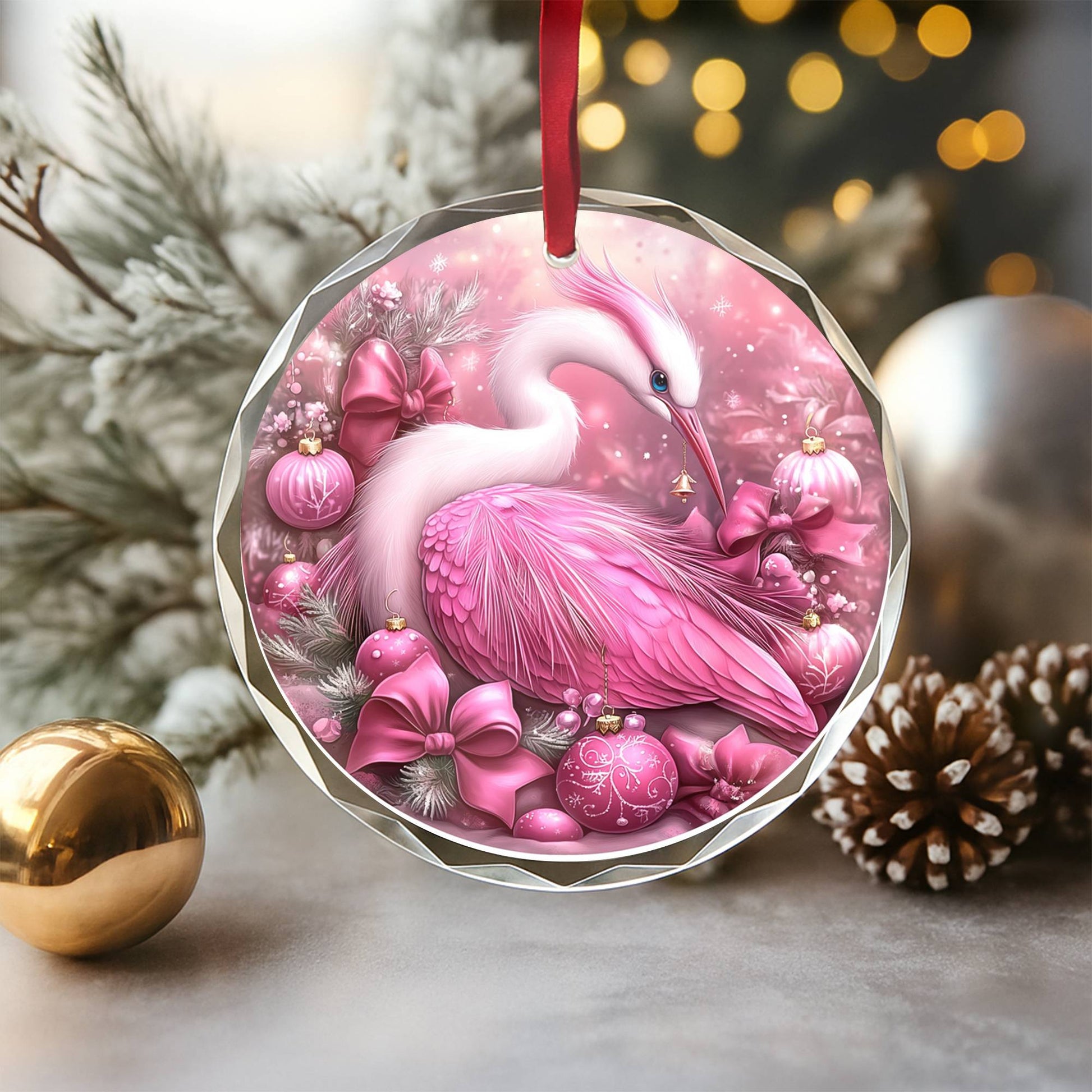 Heron Pink Christmas Design 2 Glass Ornament