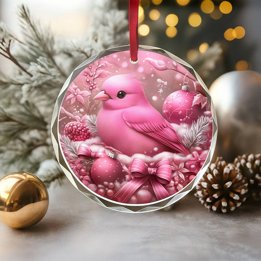 Finch Pink Christmas Design 2 Glass Ornament