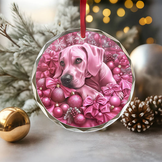 Great Dane Dog Pink Christmas Design 2 Glass Ornament