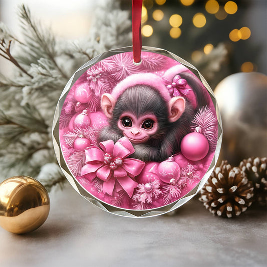 Monkey Pink Christmas Design 3 Glass Ornament
