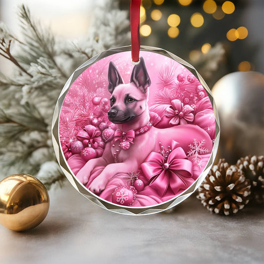Belgian Malinoi Dog Pink Christmas Design 1 Glass Ornament