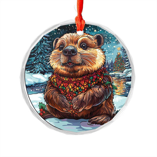 Beautiful Angus Beaver Christmas Night Design 1 Glass Ornament