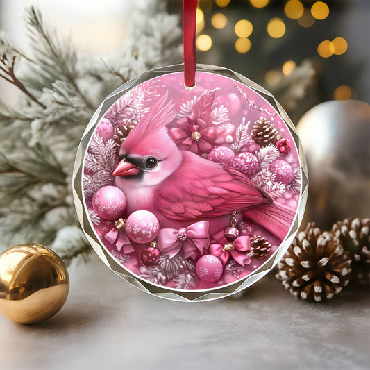 Cardinal Pink Christmas Design 1 Glass Ornament