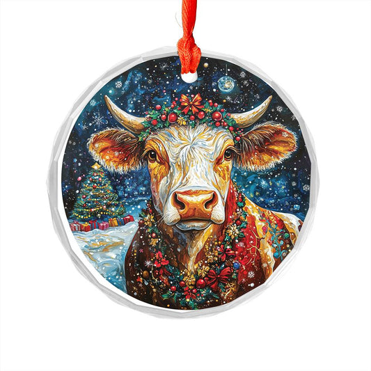 Beautiful Dairy Cow Christmas Night Design 1 Glass Ornament