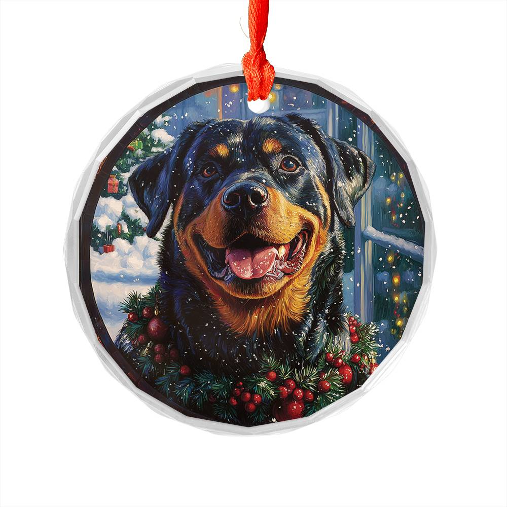 Beautiful Angus Rottweiler Dog Christmas Night Design 1 Glass Ornament