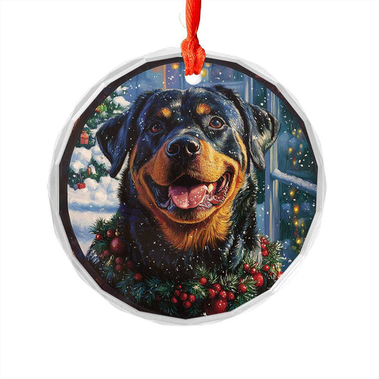 Beautiful Angus Rottweiler Dog Christmas Night Design 1 Glass Ornament