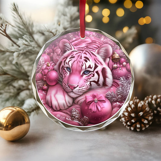 Tiger Pink Christmas Design 1 Glass Ornament