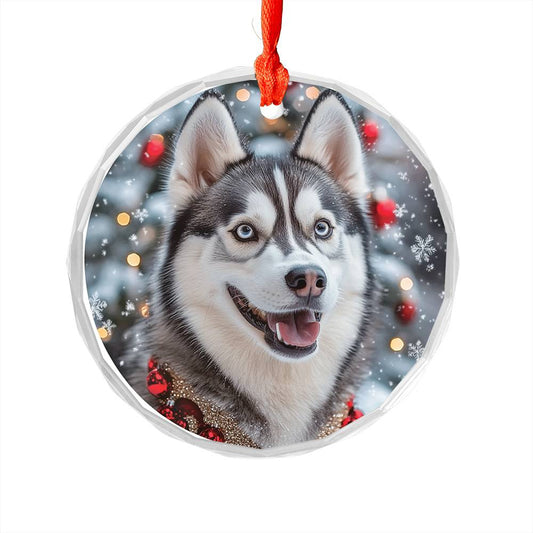 Beautiful Angus Huskie Dog Christmas Night Design 3 Glass Ornament