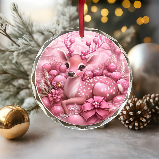 Deer Pink Christmas Design 1 Glass Ornament