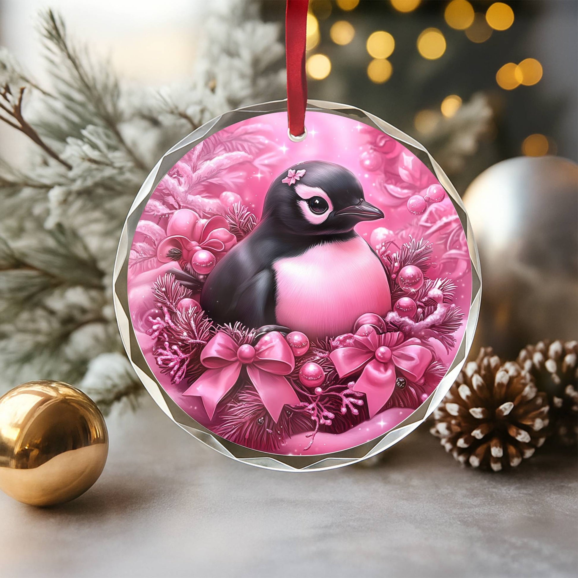 Penguin Pink Christmas Design 3 Glass Ornament