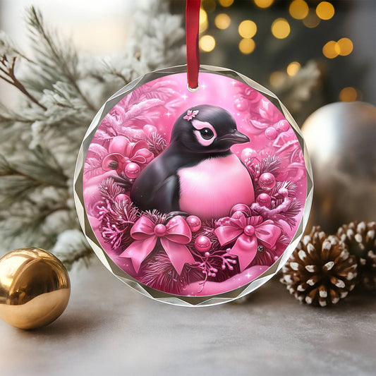 Penguin Pink Christmas Design 3 Glass Ornament