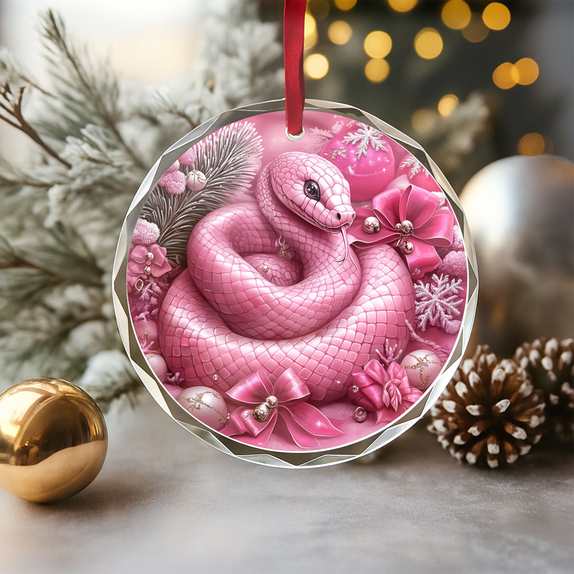 Snake Pink Christmas Design 1 Glass Ornament