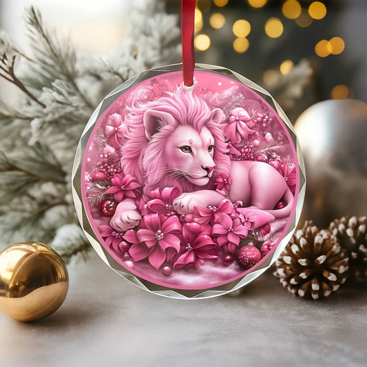 Lion Pink Christmas Design 1 Glass Ornament