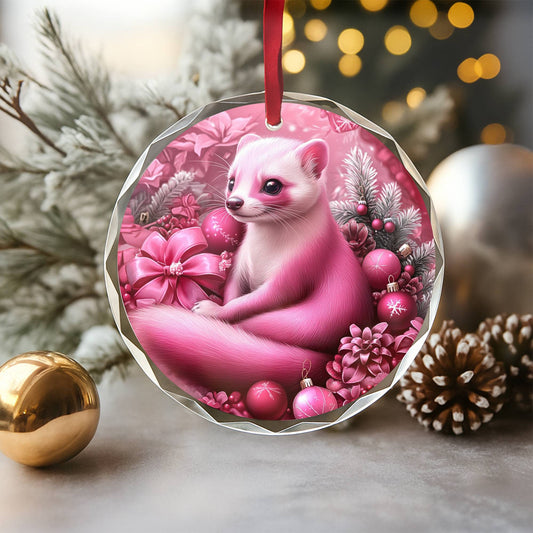 Ferret Pink Christmas Design 2 Glass Ornament