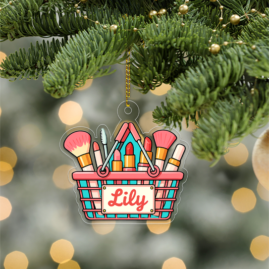 Personalized Makeup Basket Acrylic Ornament, Christmas Decor, Beauty Ornaments, Makeup Artist Ornament, Xmas Makeup Gifts