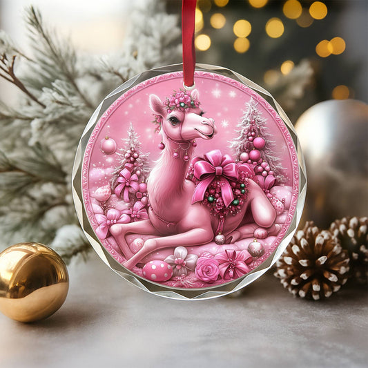 Camel Pink Christmas Design 3 Glass Ornament