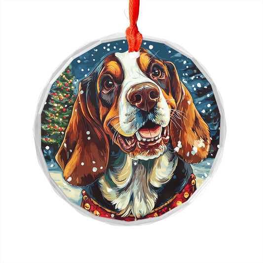 Beautiful Bassett Hound Dog Christmas Night Design 2 Glass Ornament