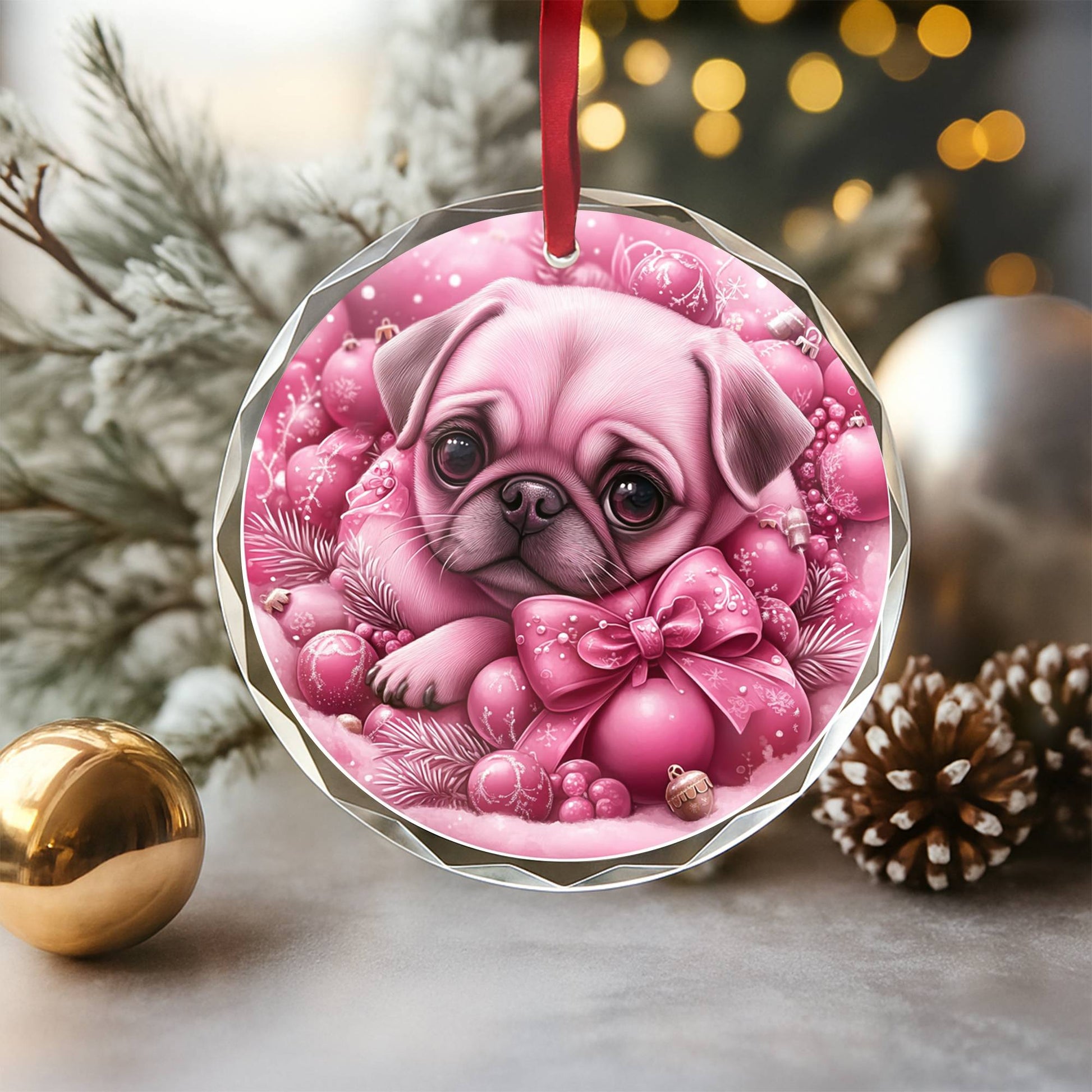 Pug Dog Pink Christmas Design 1 Glass Ornament