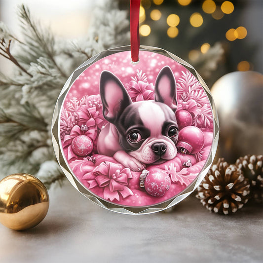 Boston Terrier Dog Pink Christmas Design 2 Glass Ornament