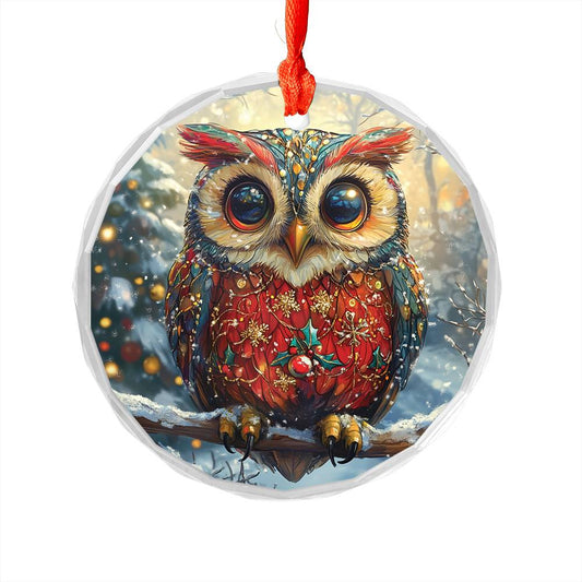 Beautiful Owl Christmas Night Design 1 Glass Ornament