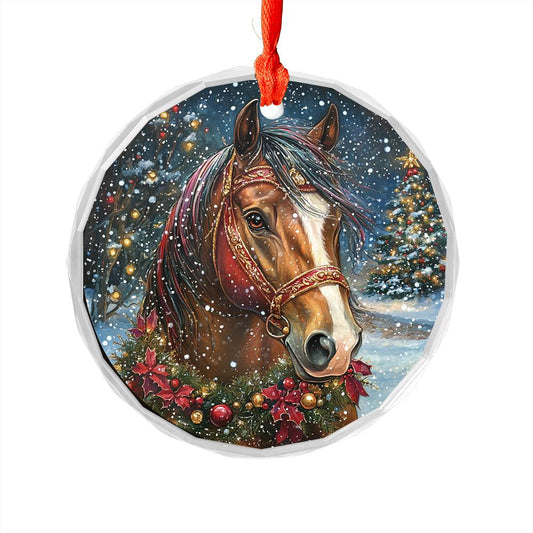 Beautiful Horse Christmas Night Design 3 Glass Ornament